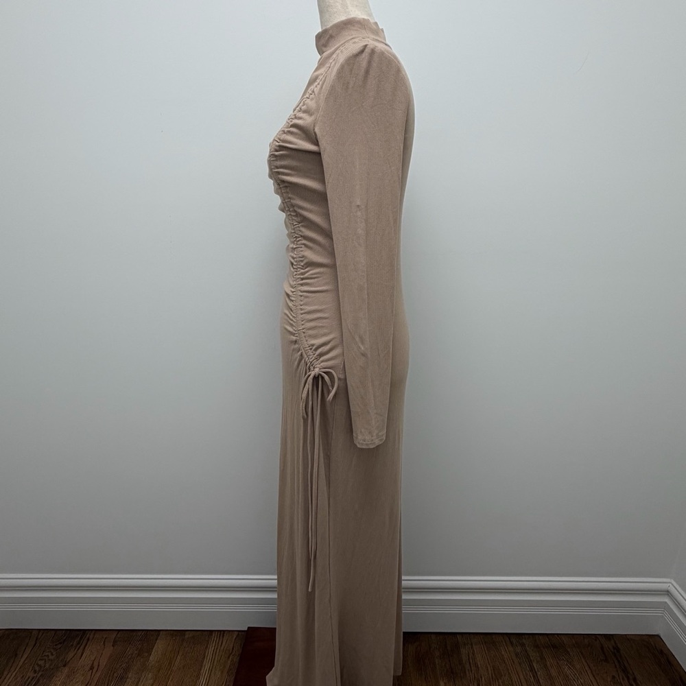 Zahraa The Label Ruched Tie Ribbed Beige Maxi Dress Size Medium - Picture 5 of 14